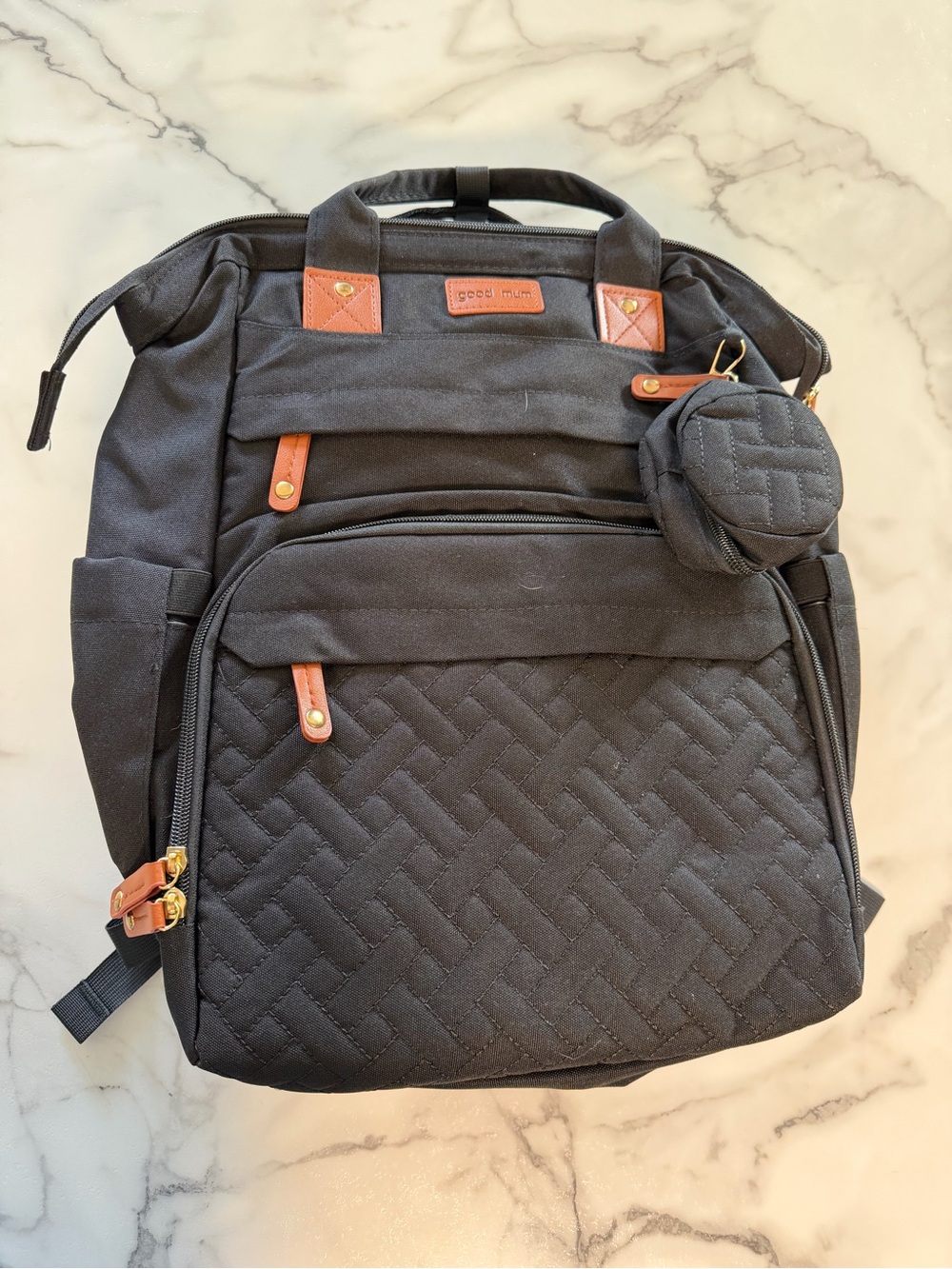 Black Quilted Diaper Bag with Leather Accents